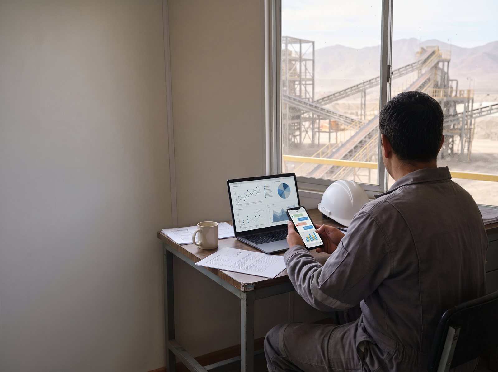 Supervisor reading a data-backed chat on a phone by the plant window.