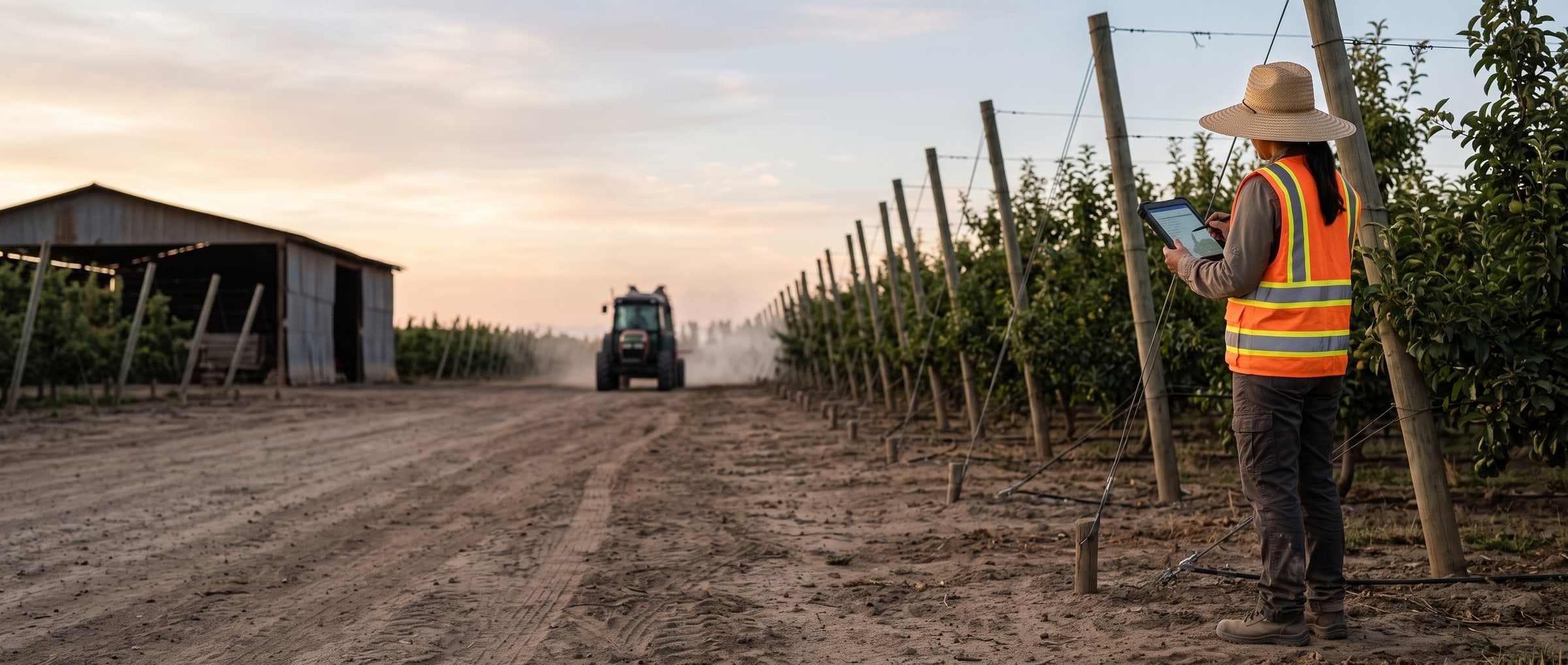 Crop advisor taking notes at the end of an orchard row, next to the sprayer hitched to the tractor.