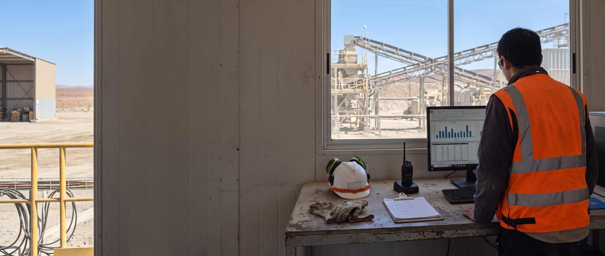 Three people in hard hats and high-visibility vests stand around a site table with binders, a radio and folded drawings, reviewing the month-end close.