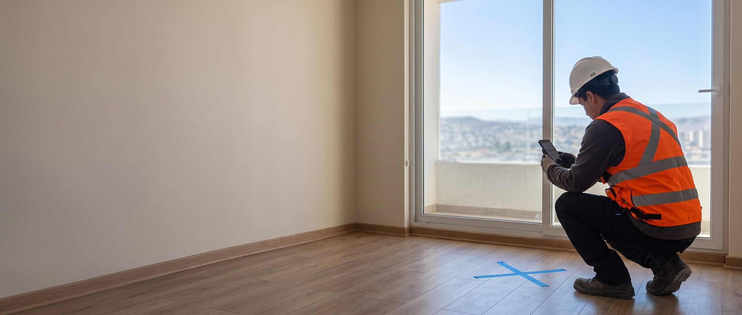 Inspector photographing a defect marked with tape on the floor of a newly built apartment.
