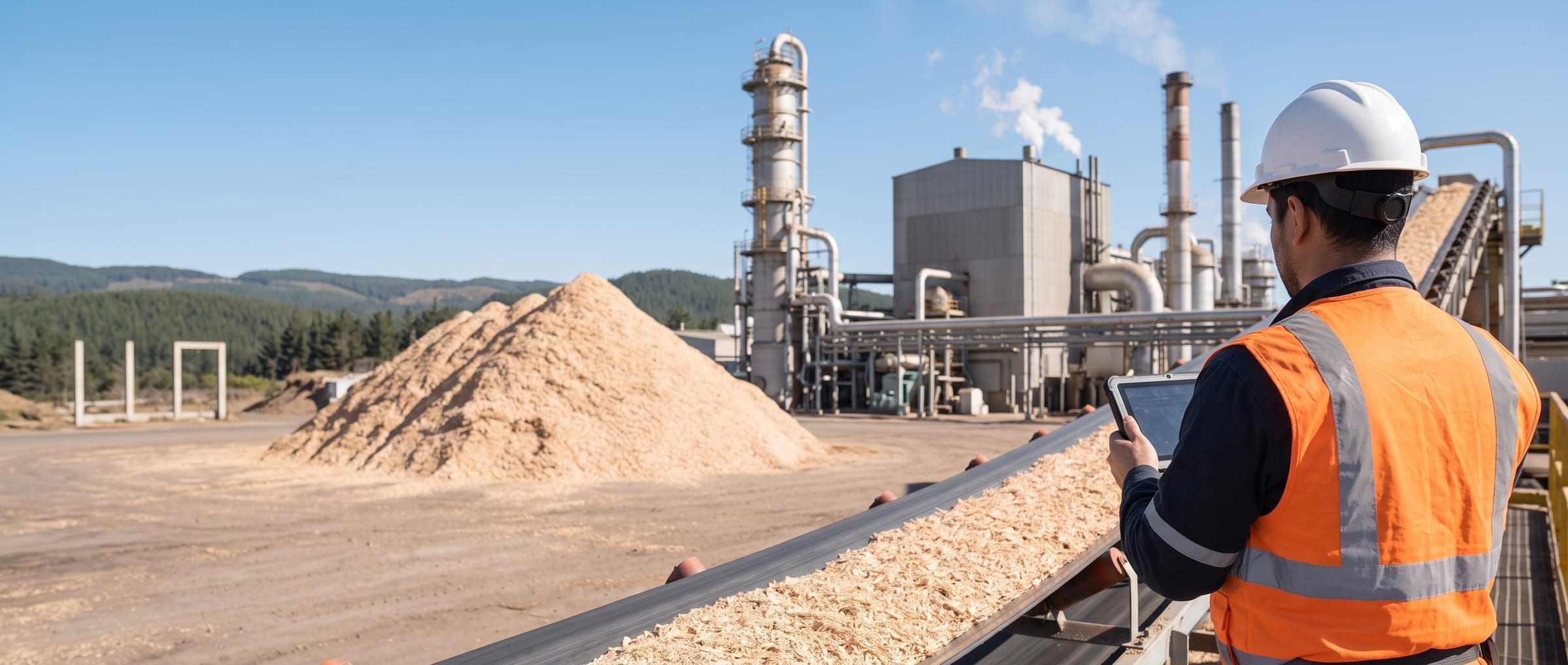 Maintenance inspector checking the wood-chip conveyor on a tablet, with the chip pile and the pulp mill behind.