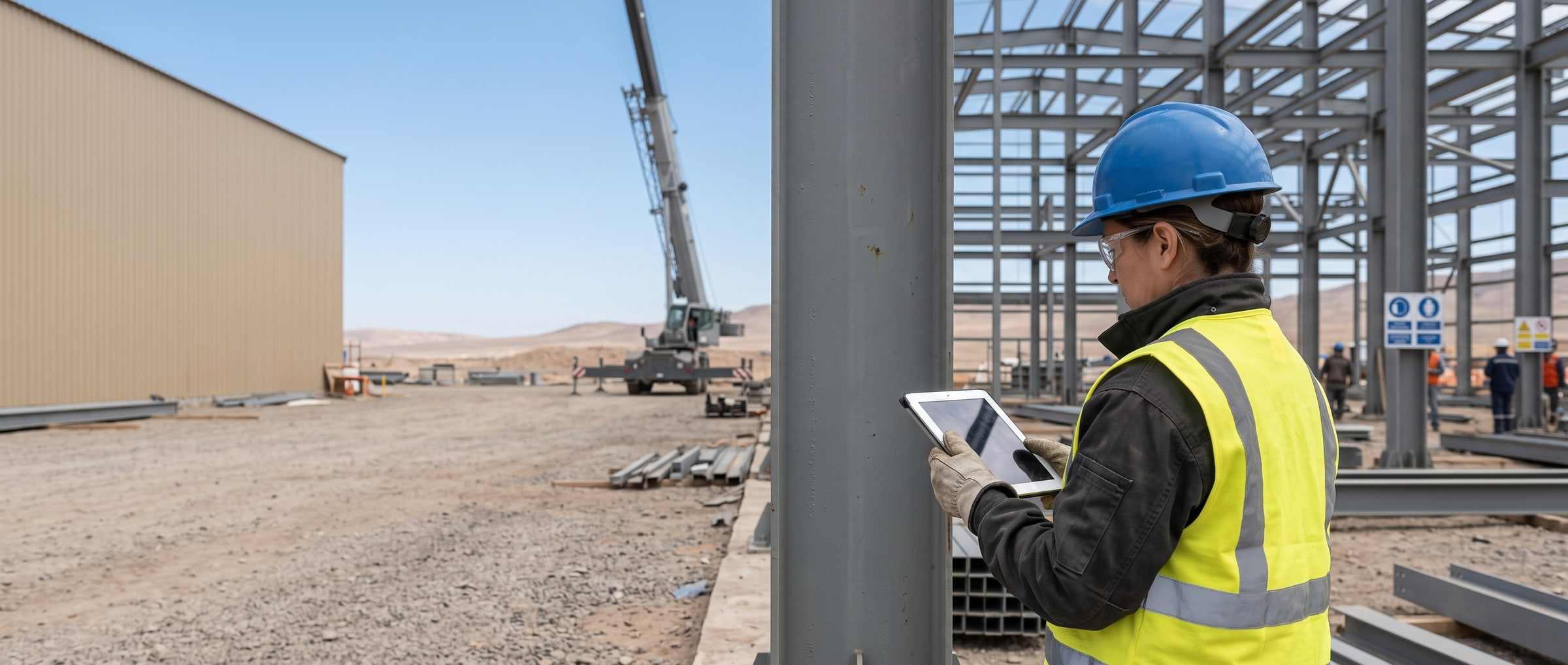 An inspector crouched over the reinforcement of a slab, photographing the mesh before the pour.