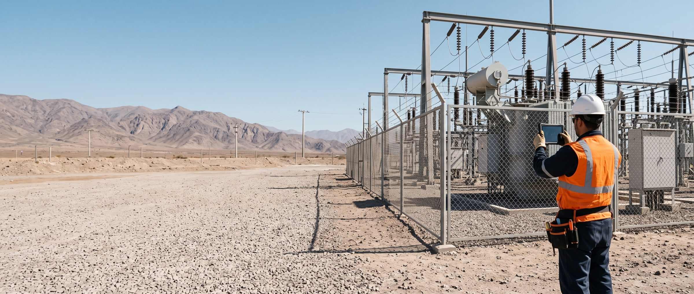 An electrical technician walks toward a power transformer in a high-voltage substation.