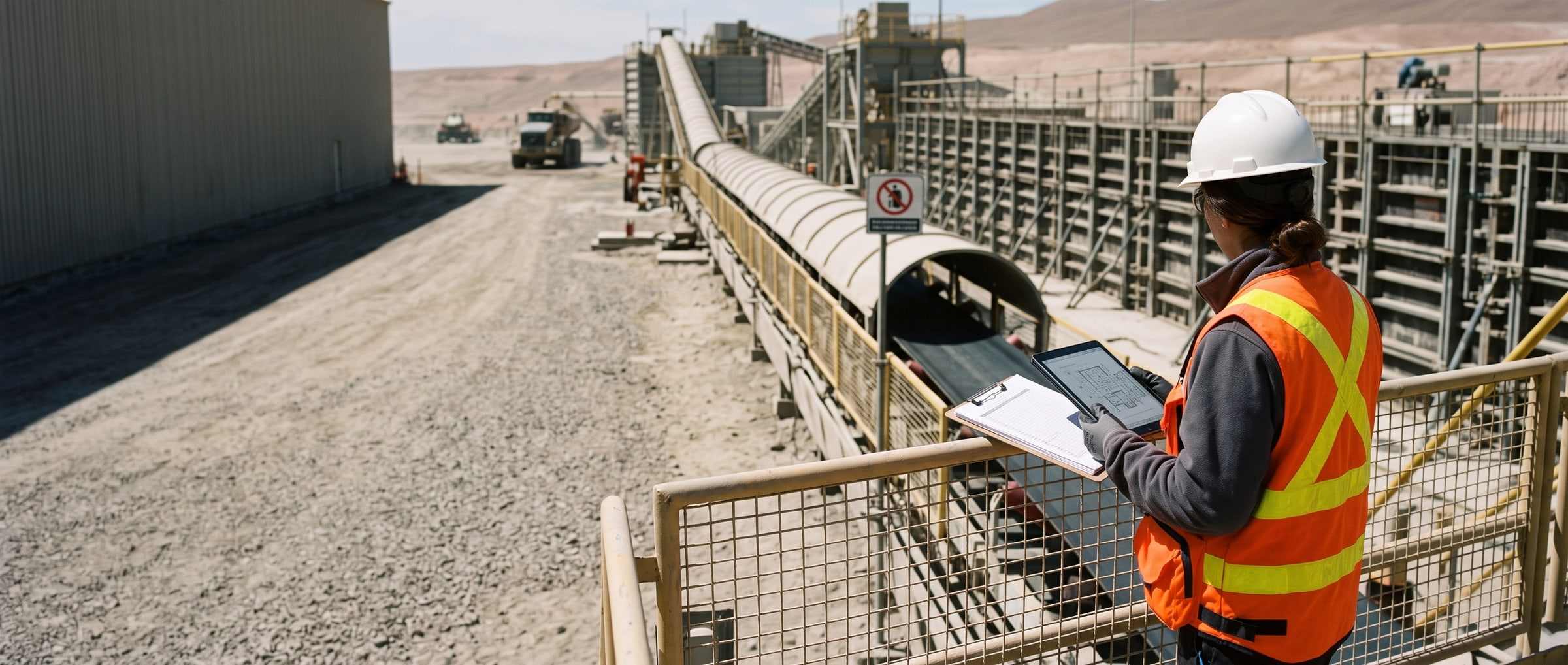 A crew reviews progress on a construction site, pay sheet in hand, next to the heavy equipment.