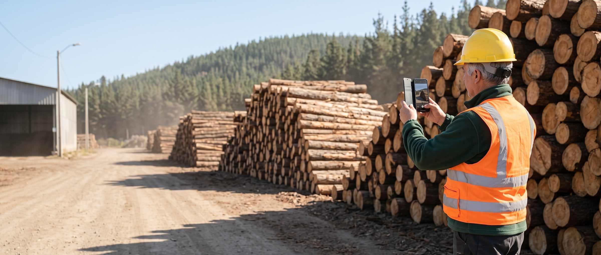 Forestry supervisor logging a pile of freshly harvested logs at the edge of the haul road.