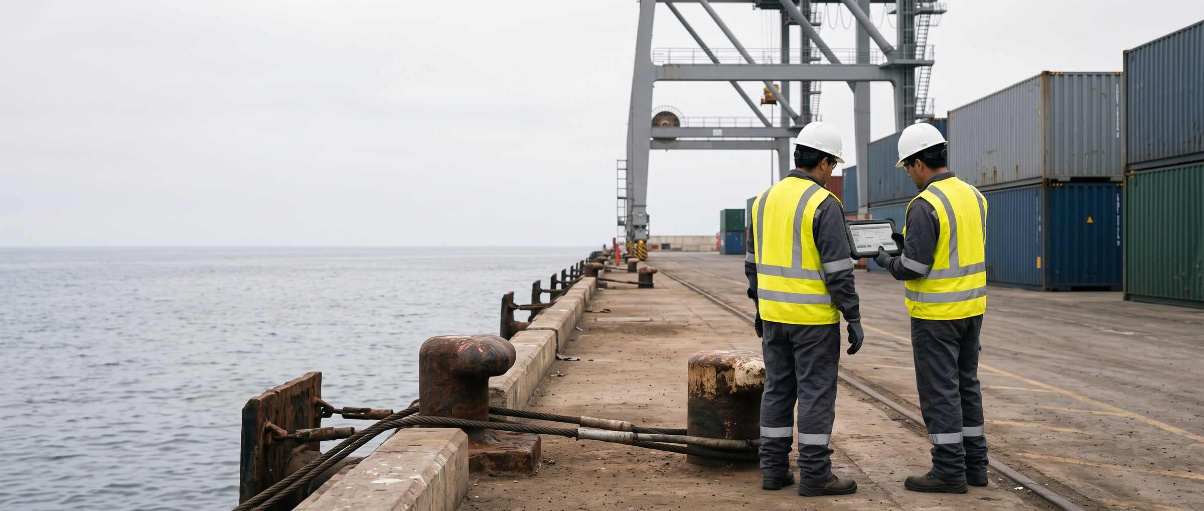 Port inspector watching the operation from the wharf, next to a bollard with the mooring line taut.