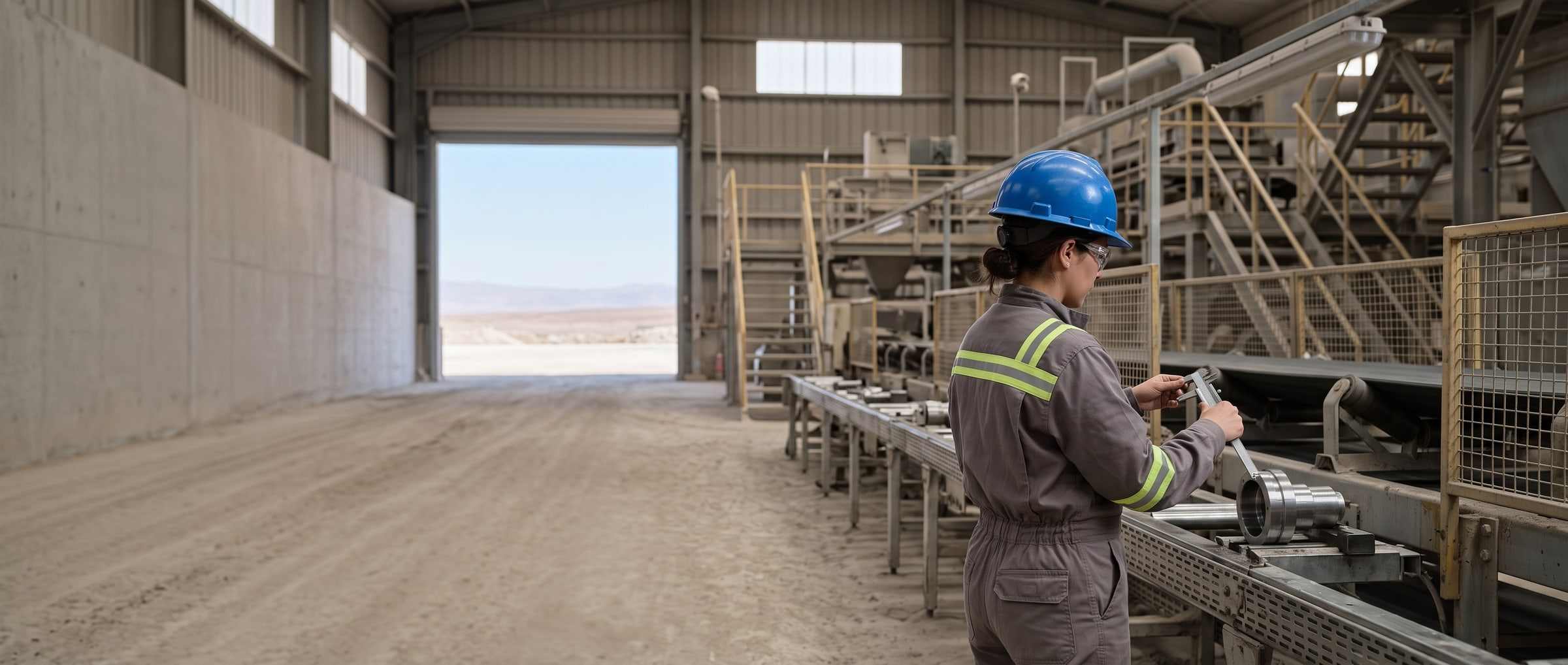 A line supervisor measures a part with calipers next to the conveyor.