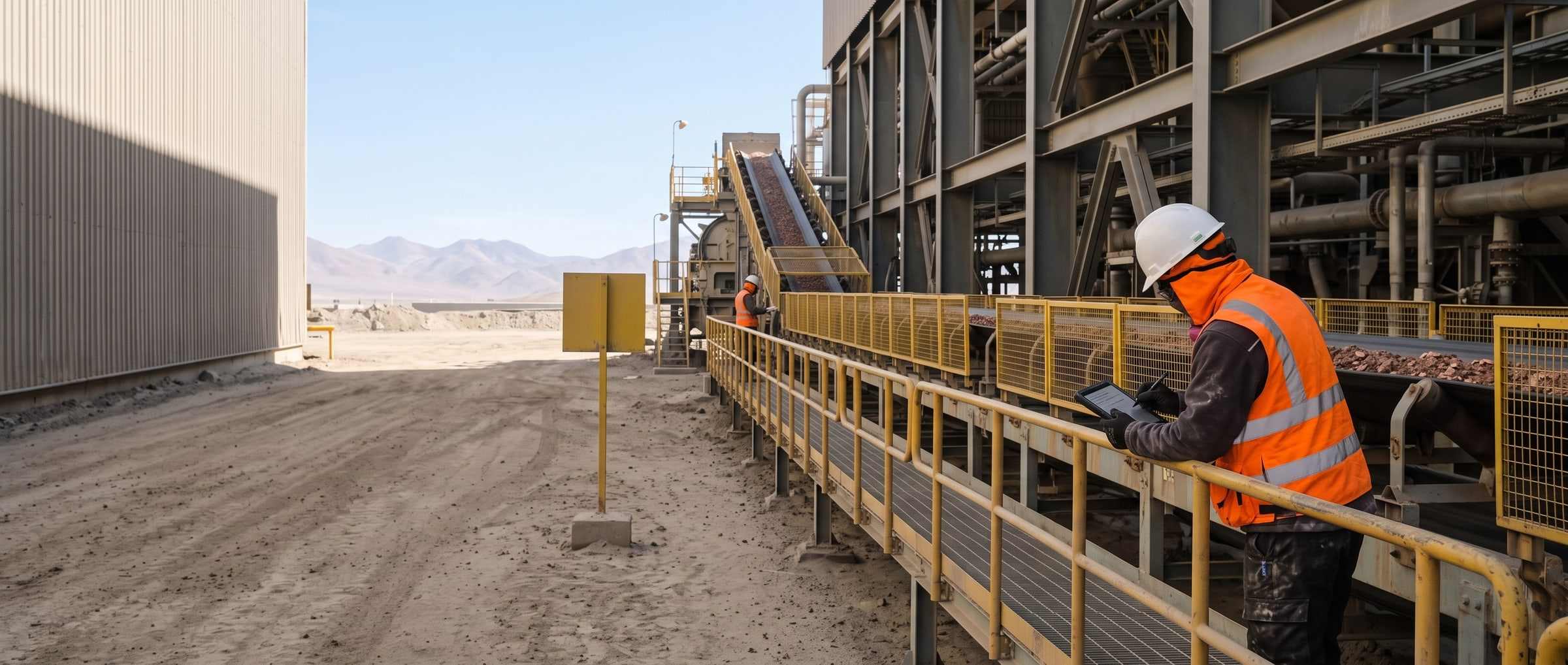 A concentrator plant operator seen from behind on the walkway, facing the ball mill under a shaft of overhead light.