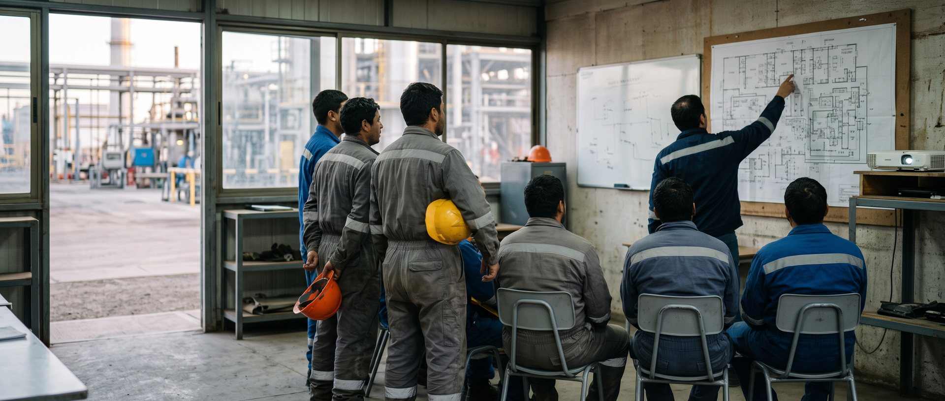 In a plant office, an engineer with his back to the camera points at a drawing on the wall while the crew, in overalls and holding their hard hats, follows the meeting.