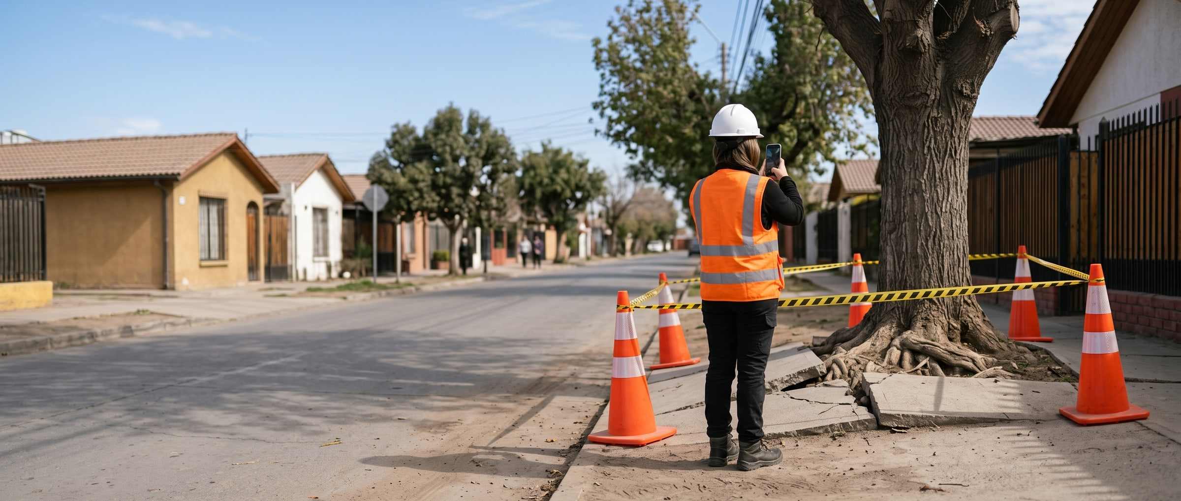 A city inspector uses her phone to photograph a sidewalk heaved by a tree root.