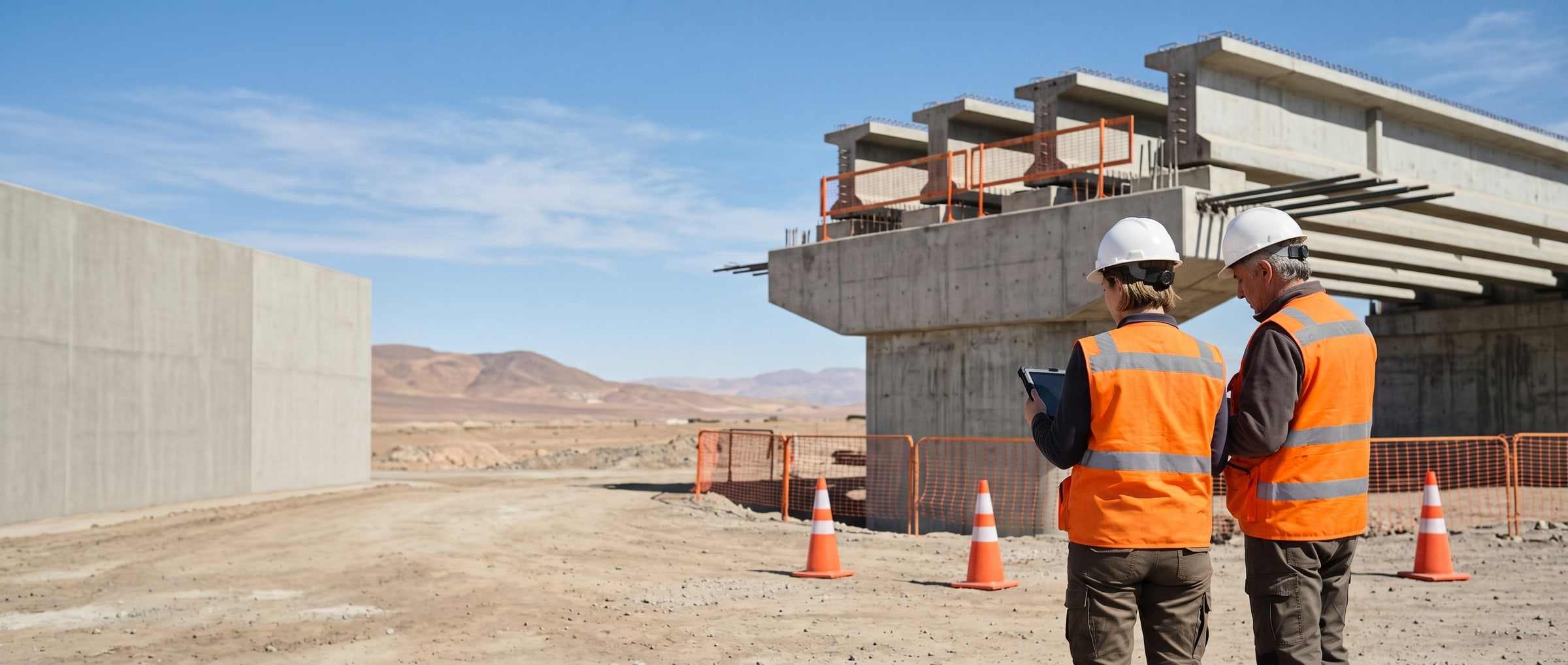 A field inspector checks the girders set on an overpass from the highway shoulder.