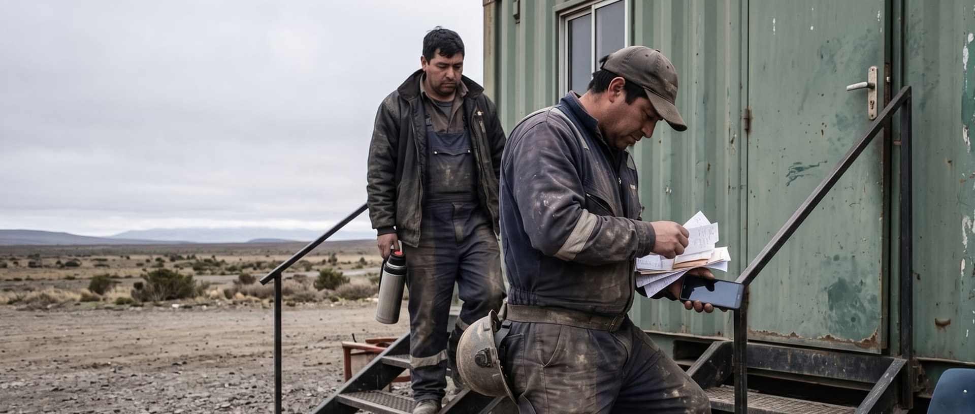 A worker in dusty overalls comes down the steps of a container site office going through a handful of receipts, a phone in his other hand and a co-worker behind him.