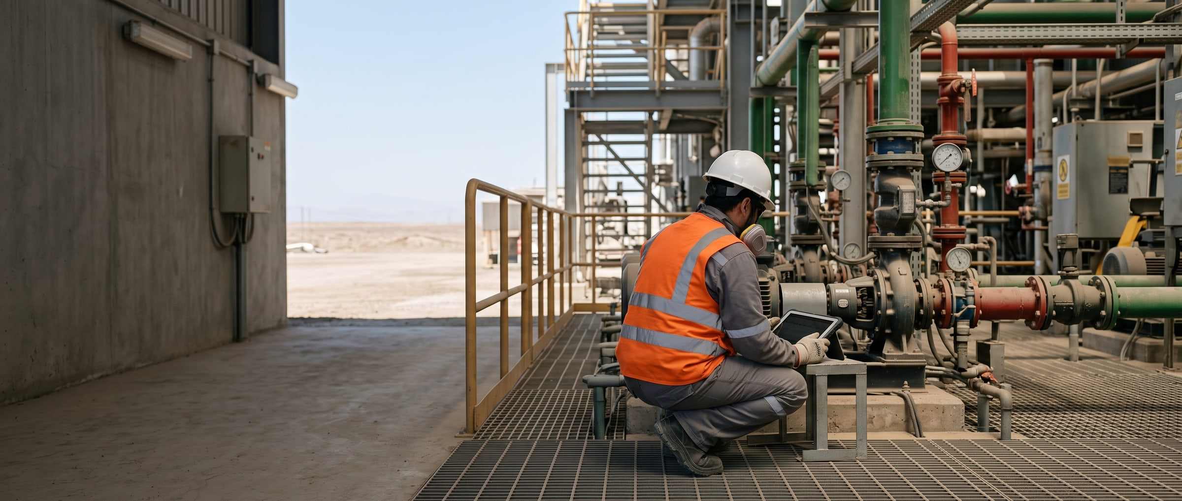 Two contractor technicians working on an open heat exchanger inside a client’s plant.