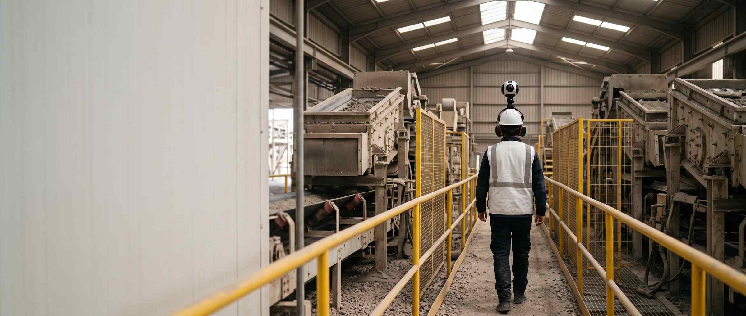 Inspector with a 360 camera on the helmet walking through an industrial shed.