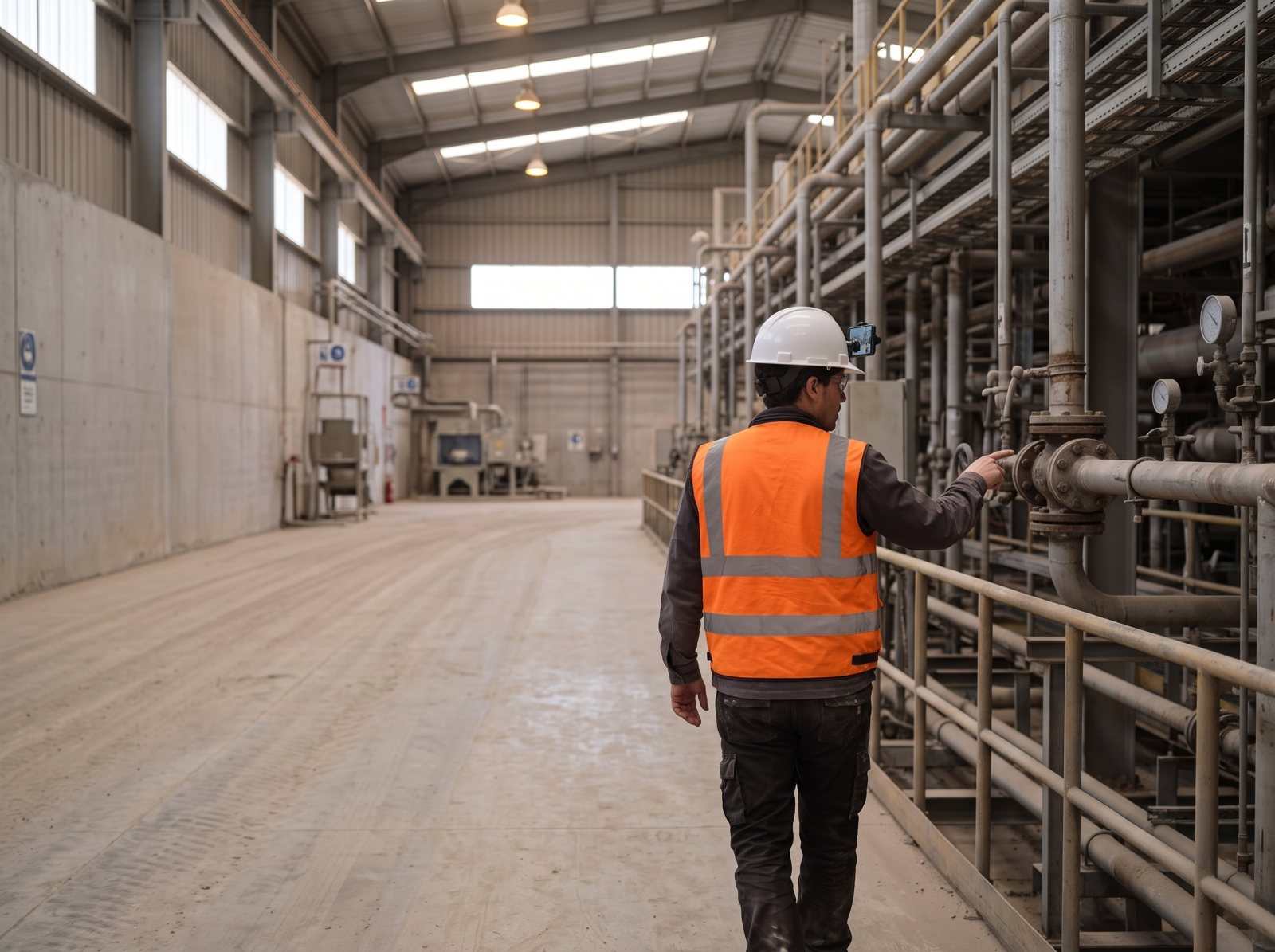 Inspector walking through an industrial hall with a phone mounted on the hard hat.