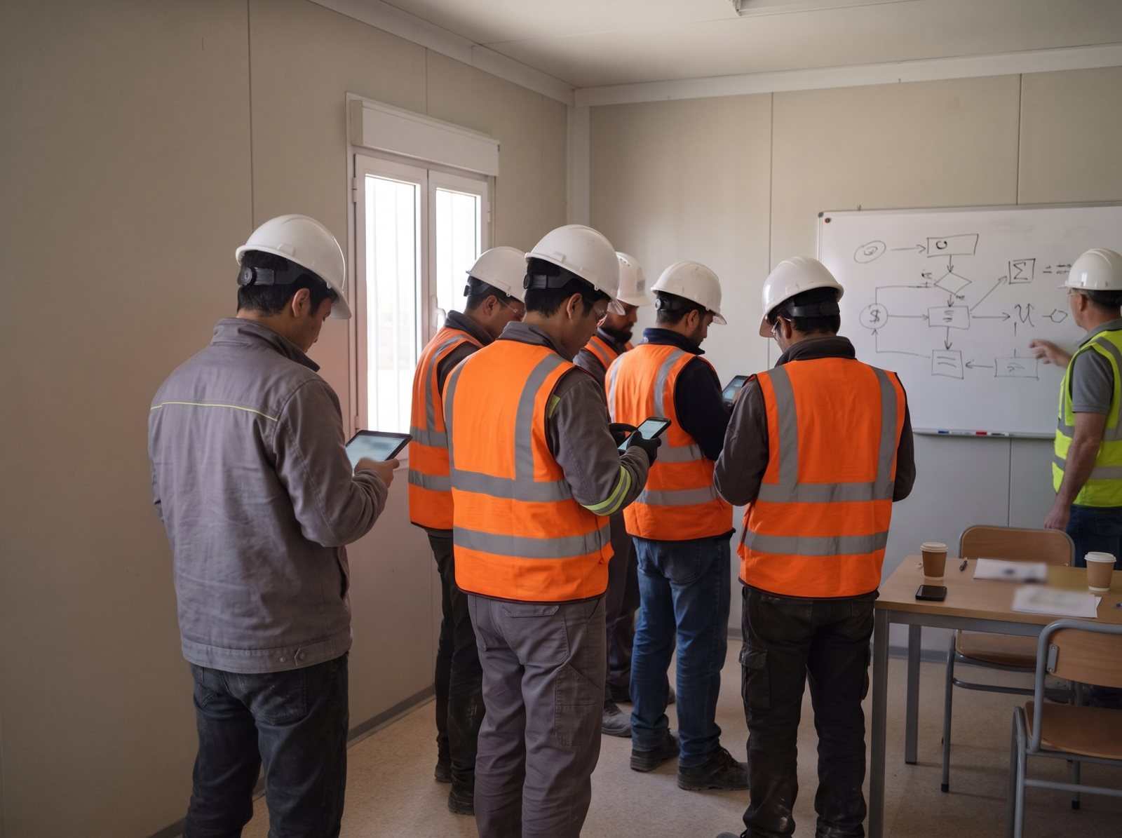 Safety talk in a site office, workers answering on their phones.