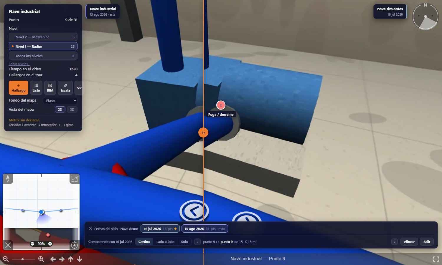 Time comparison in PAIR 360: two captures of the same point separated by a draggable vertical curtain.
