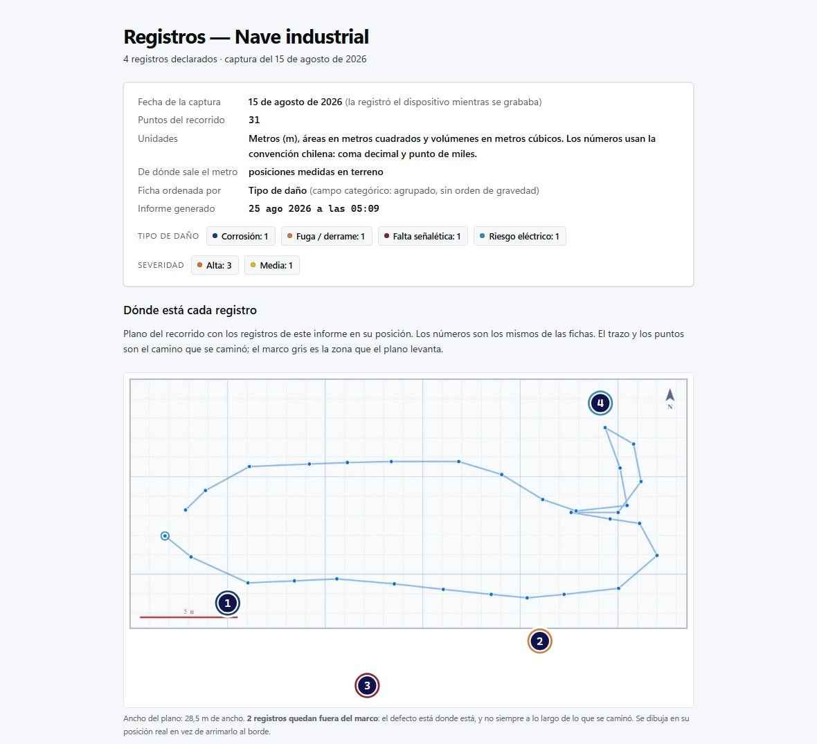 Header of the PAIR 360 report: capture data, tour floor plan with the numbered records and the first record with its photograph.