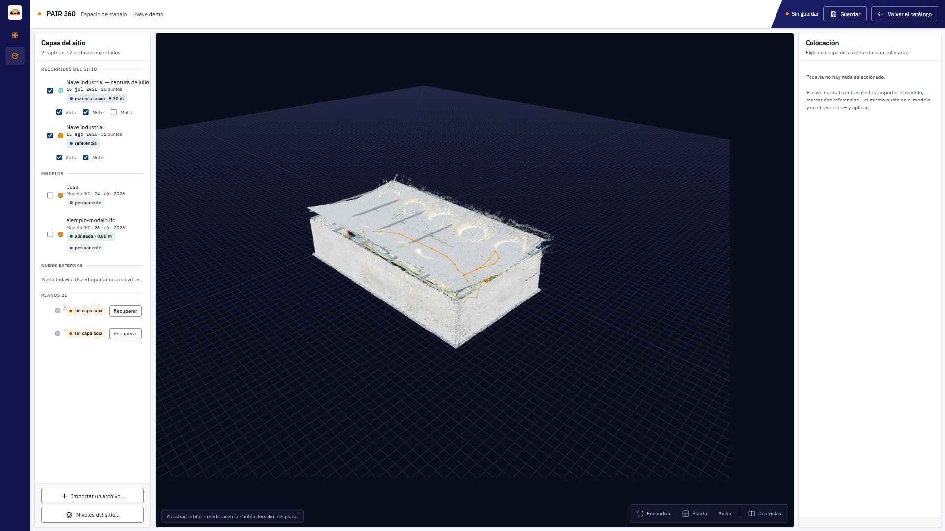 Point cloud of an industrial shed in PAIR 360, seen as a sphere of coloured points on a dark background, with the layers panel open.