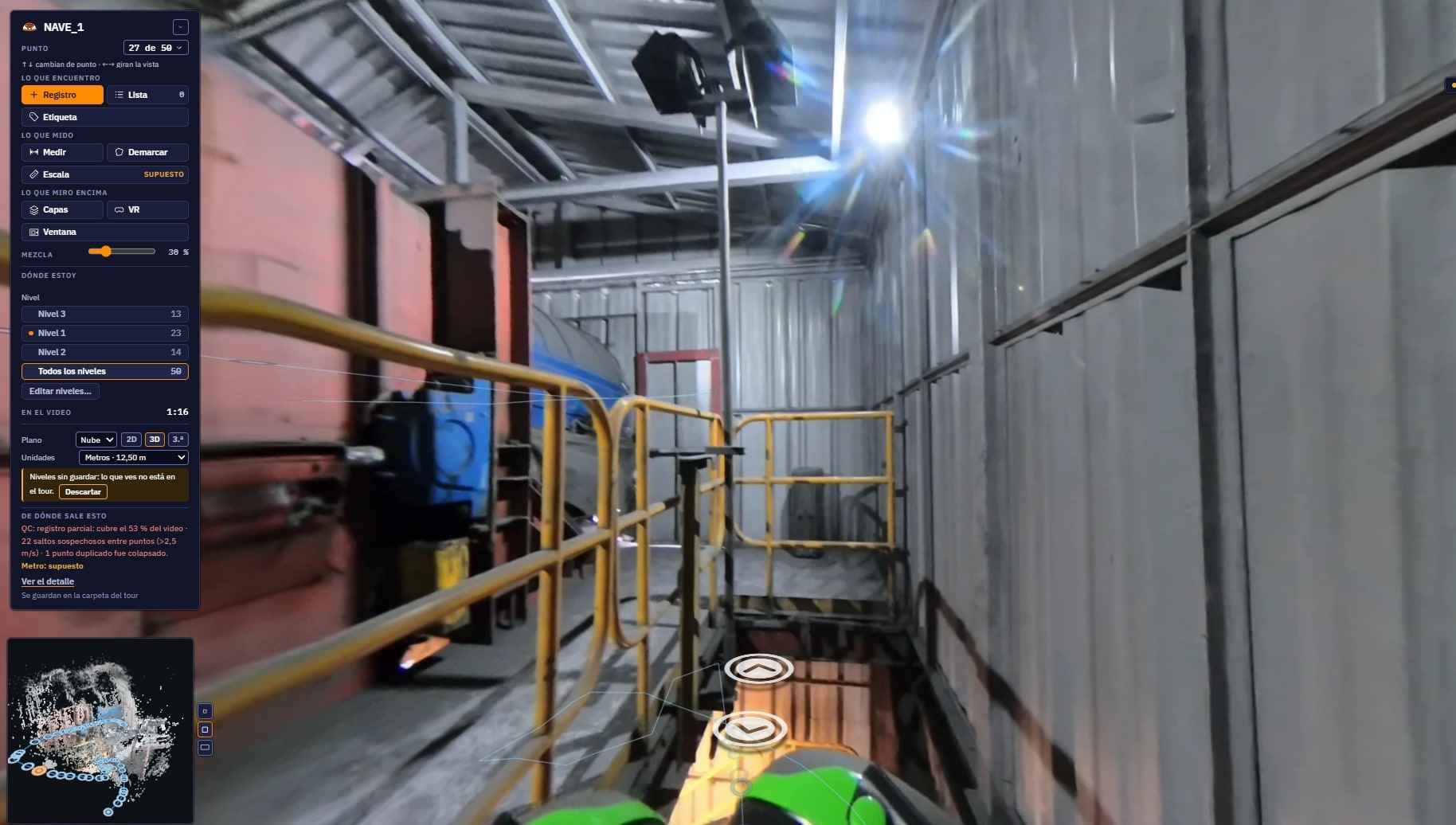 PAIR 360 viewer inside an industrial shed, with the tour minimap at the bottom left, the level selector and the forward arrows on the floor.