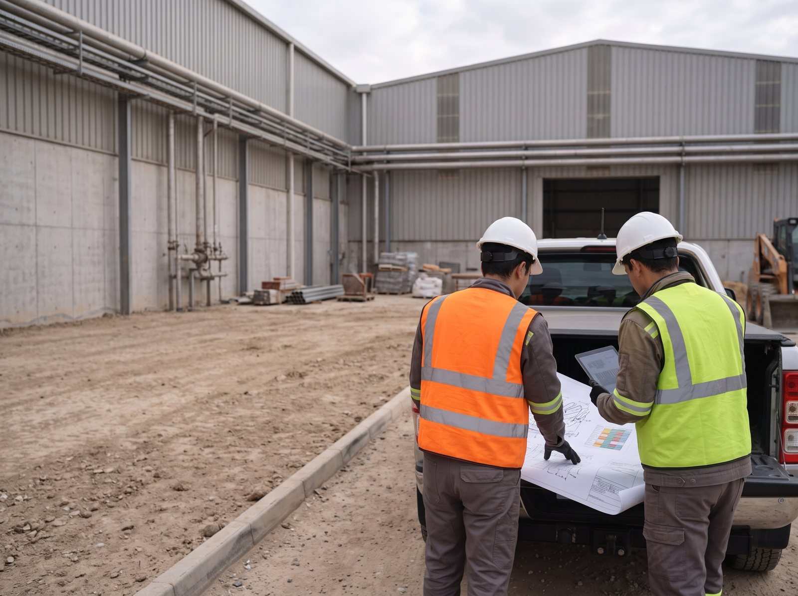 Supervisors from two companies reviewing a plan together on site.