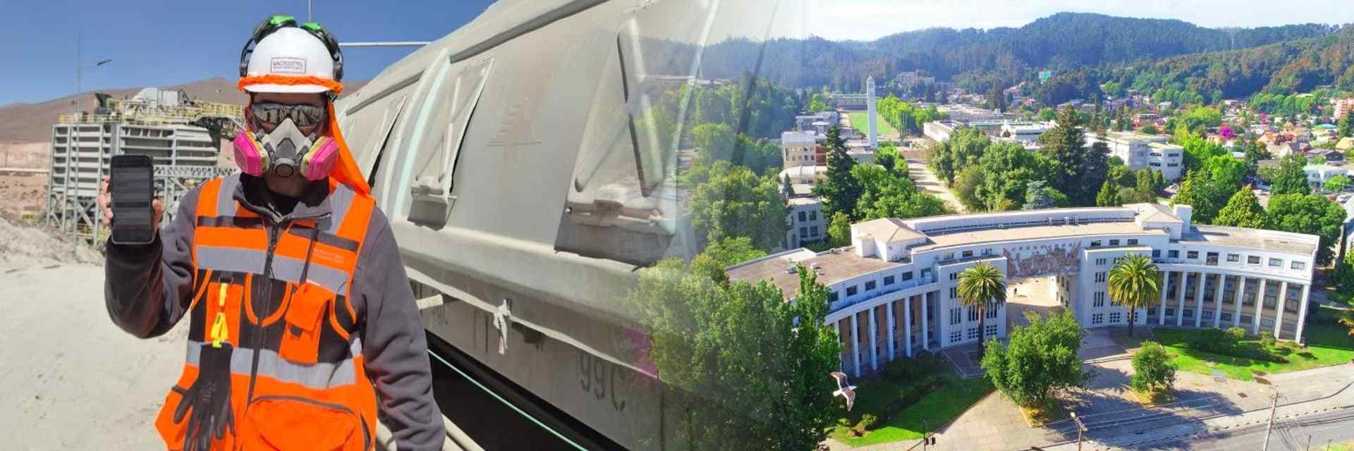 The founder on site, hard hat on and phone in hand, and the Universidad de Concepción arch from the air.