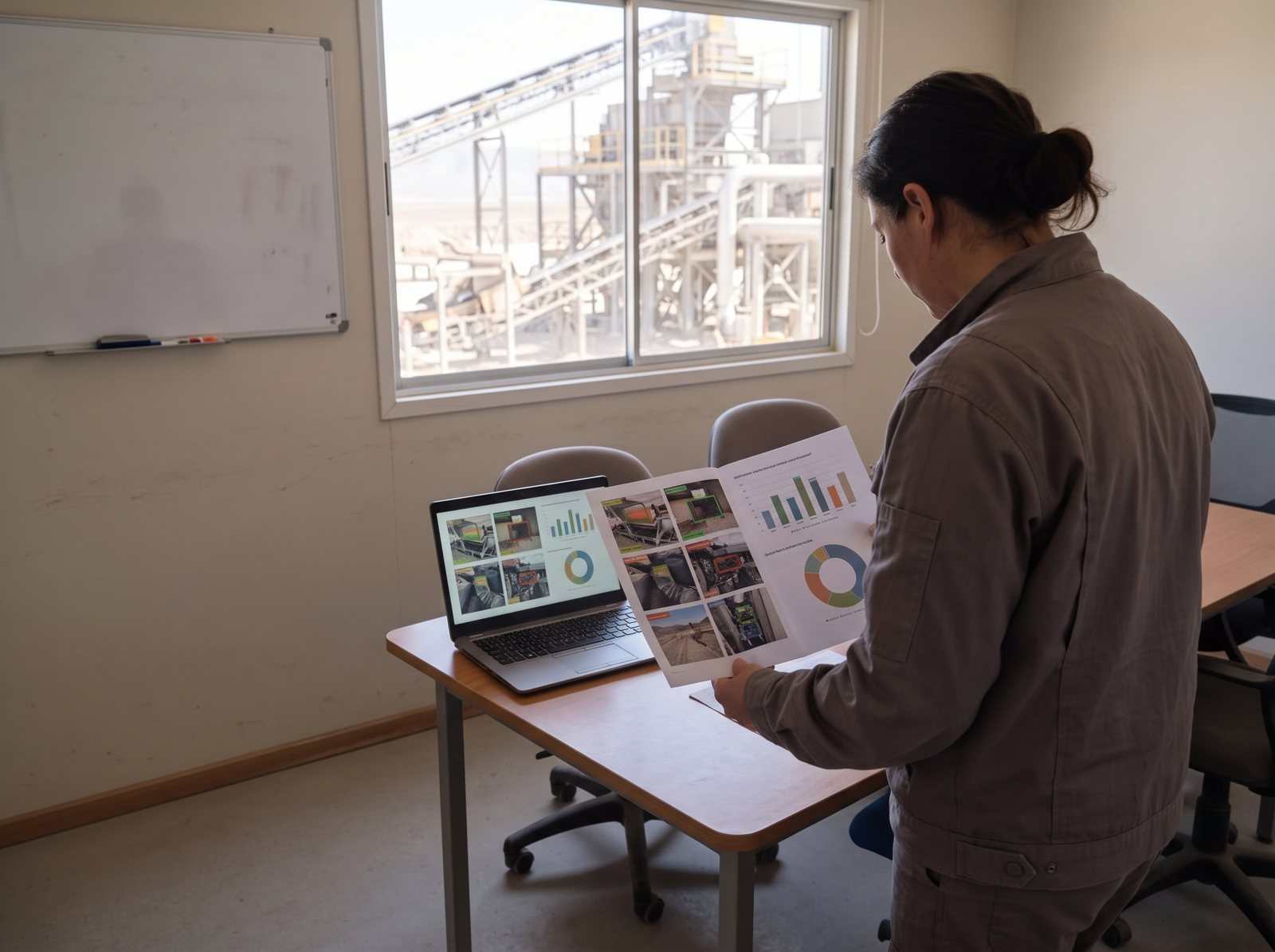 Manager reviewing a printed inspection report with marked photos and charts.