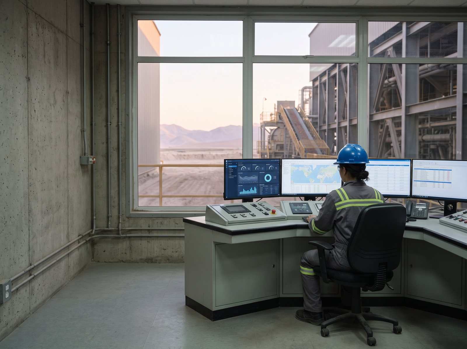 Engineer in a control room with dashboard and map screens.