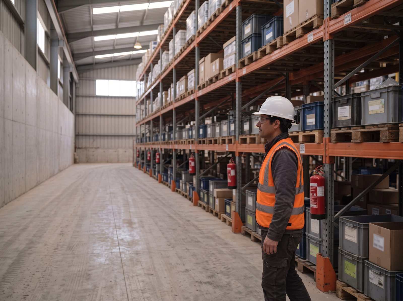 Warehouse worker walking a rack aisle with a phone mounted on the hard hat.