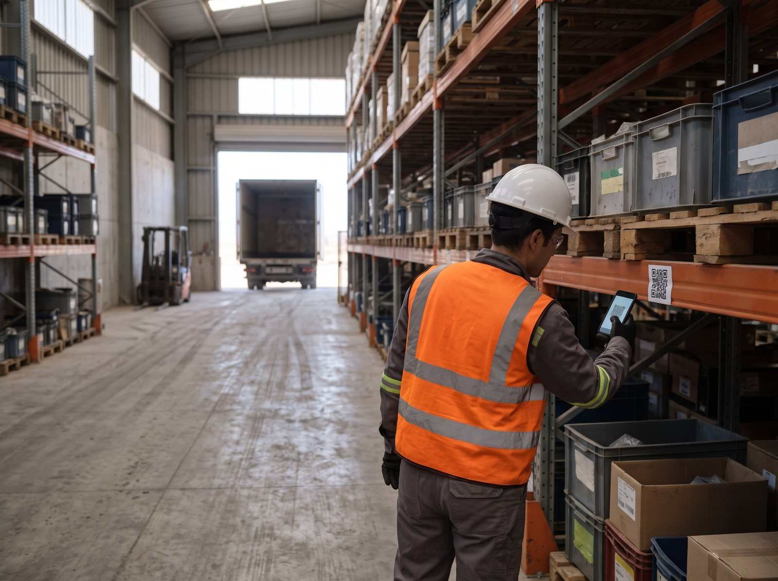 Warehouse worker scanning the QR code on a pallet in a spare-parts storeroom.