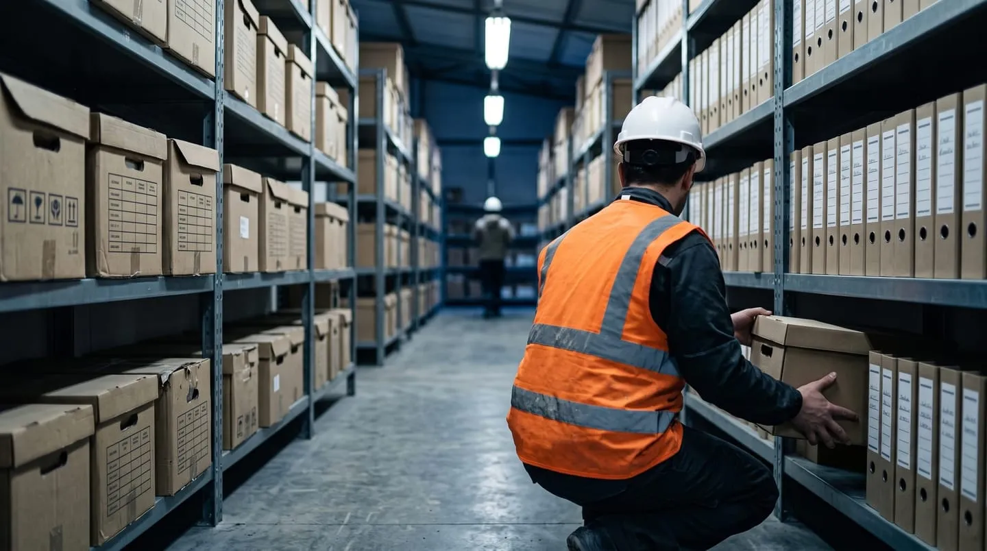 Archive warehouse of an industrial company: shelving with boxes and binders, and a person in a vest taking down a box.