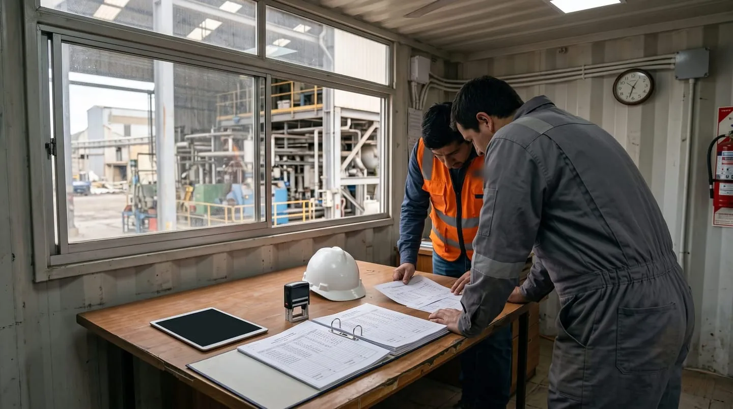 Two people go through record sheets on the table of a plant meeting room, beside a hard hat and a tablet.