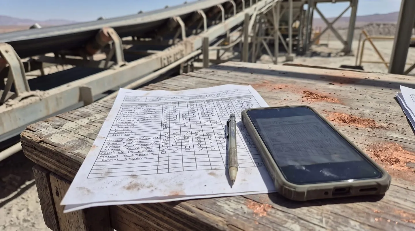 A handwritten inspection sheet, stained with dust, and beside it a phone with the same sheet photographed, on a field table.