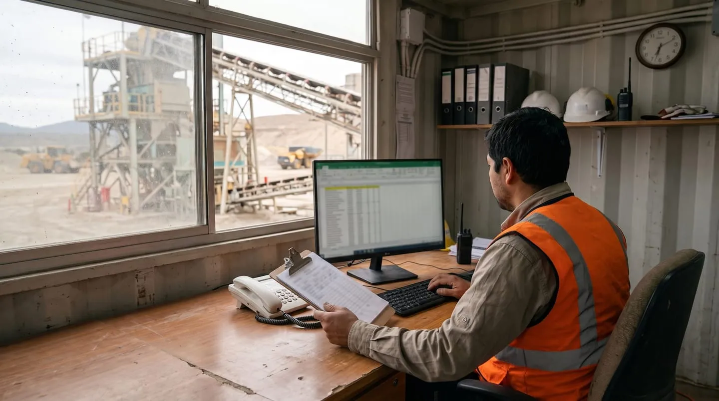 A person in a site office, seen from behind, types into a spreadsheet what they read from a handwritten form sheet.
