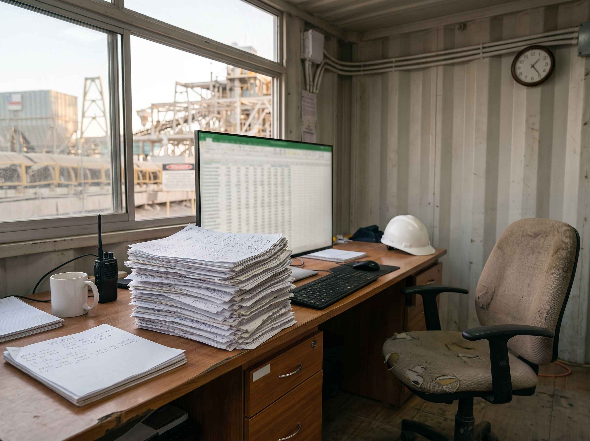 Office desk with a stack of handwritten paper forms beside a keyboard and a screen showing a spreadsheet.