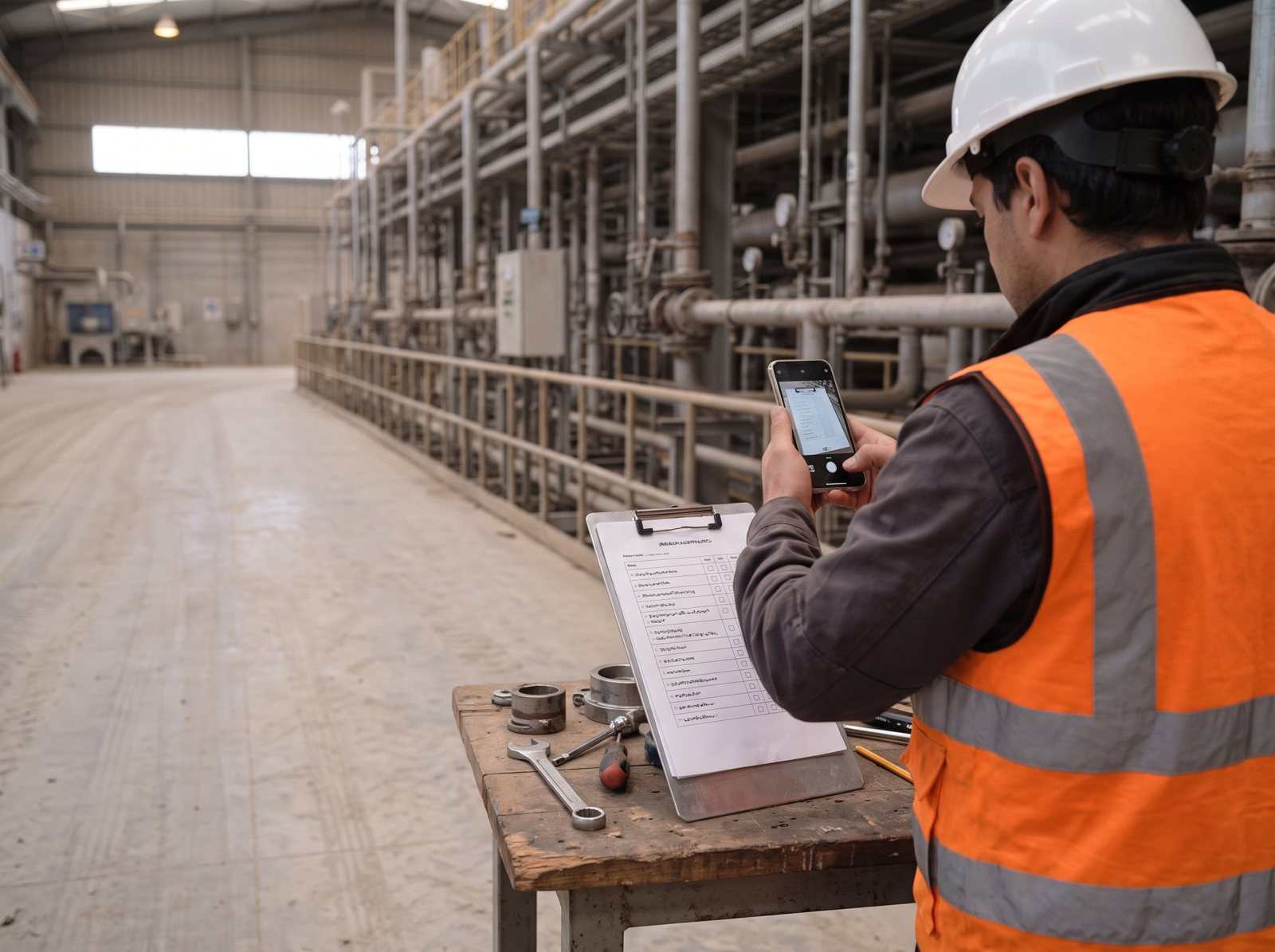 Supervisor photographing a paper checklist on a clipboard with a phone.