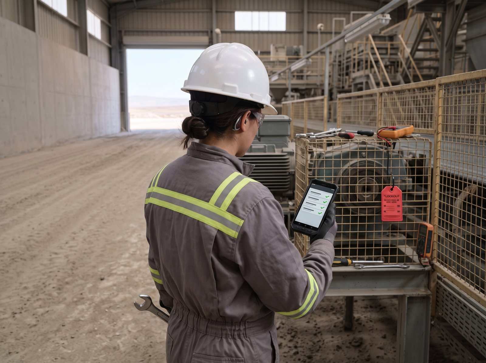 Maintenance technician with an earpiece closing a task by a conveyor drive.