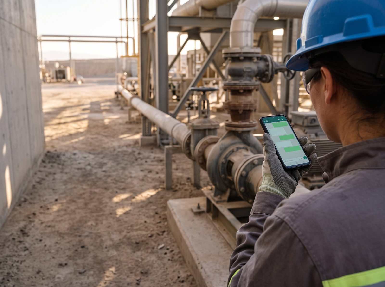 Technician next to a pump recording a voice note on a phone.