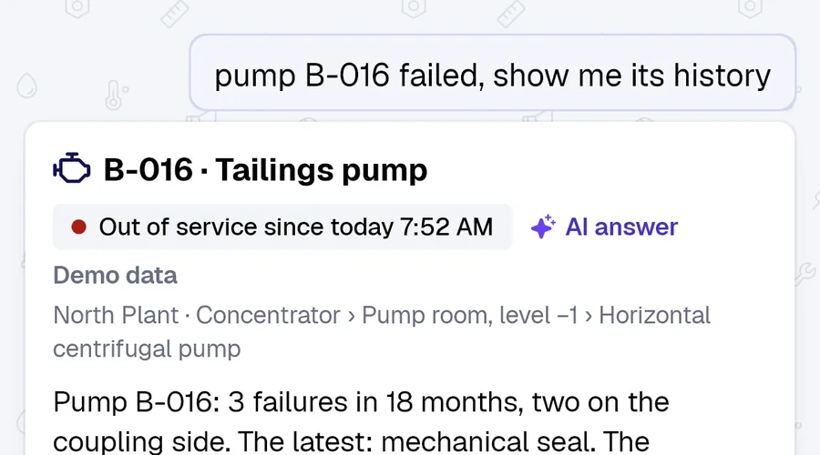 The PAIR Assistant answering with the failure history of pump B-016.