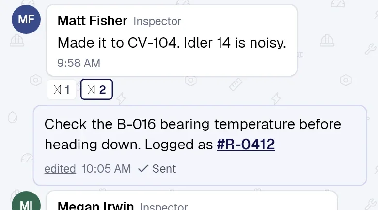 Project chat with an urgent alert from an inspector.