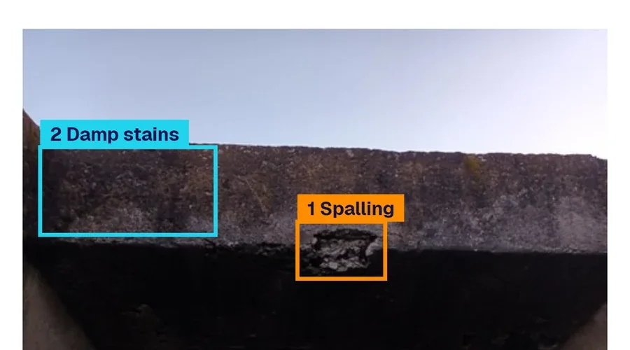 A slab photo with AI marks: two damp stains and a spalling area, each in its box.