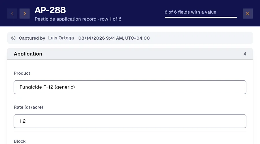 Record AP-288 of the “Pesticide application record” form in PAIR. Product: Fungicide F-12 (generic); Rate (qt/acre): 1.2.
