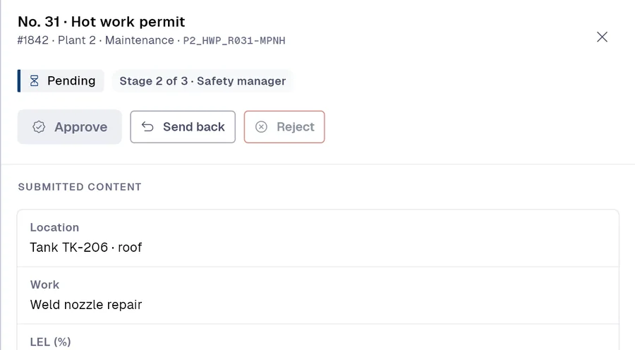 A hot work permit approval request in PAIR: status, stage 2 of 3 and the submitted content.