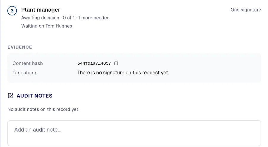 A hot work permit approval in PAIR: remaining stages and the evidence block with the content hash.