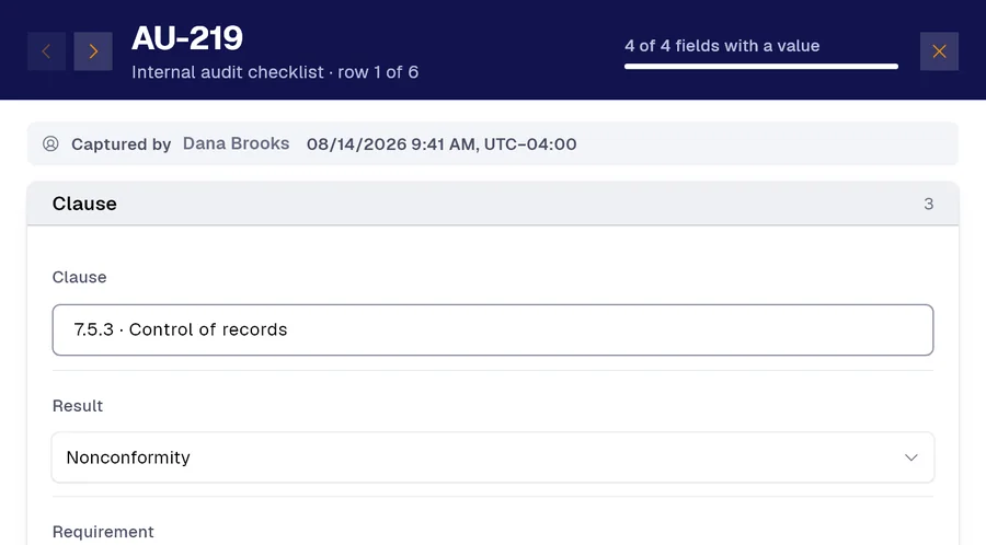 Record AU-219 of the “Internal audit checklist” form in PAIR. Clause: 7.5.3 · Control of records; Result: Nonconformity.