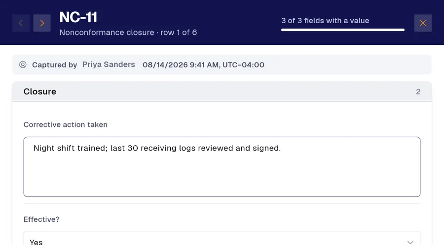 Record NC-11 of the “Nonconformance closure” form in PAIR. Corrective action taken: Night shift trained; last 30 receiving logs reviewed and signed; Effective?: Yes.