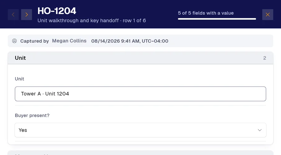 Record HO-1204 of the “Unit walkthrough and key handoff” form in PAIR. Unit: Tower A · Unit 1204; Buyer present?: Yes.