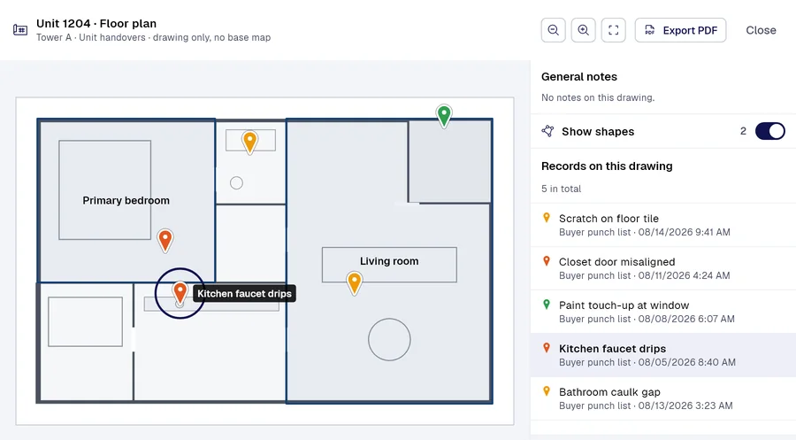 PAIR drawing viewer: “Unit 1204 · Floor plan” (Tower A · Unit handovers) with 5 records placed on the drawing, “Kitchen faucet drips” selected.