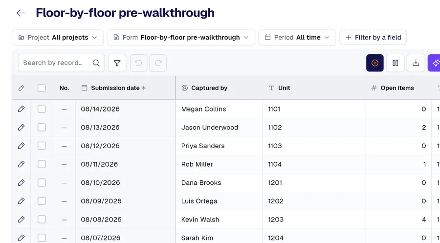 PAIR records table for the “Floor-by-floor pre-walkthrough” form, with columns Unit, Open items, Floor.