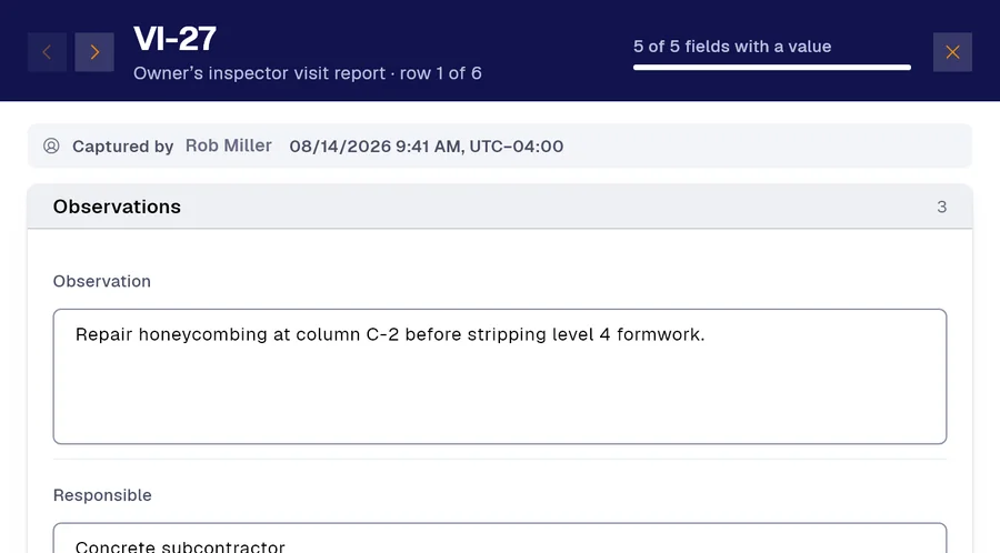 Record VI-27 of the “Owner’s inspector visit report” form in PAIR. Observation: Repair honeycombing at column C-2 before stripping level 4 formwork; Responsible: Concrete subcontractor.